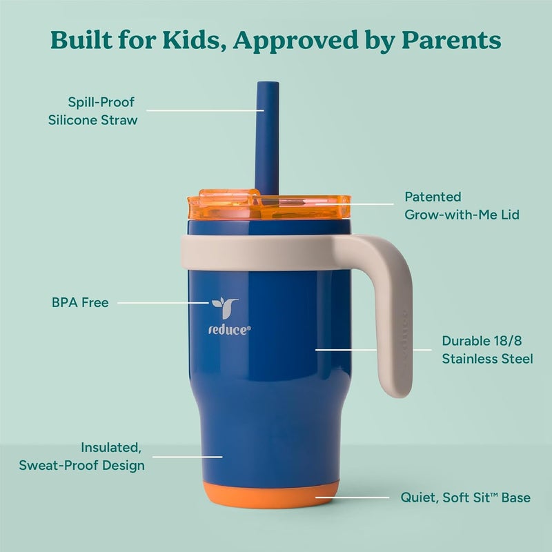 Reduce 14 Oz Coldee Kids Tumbler with Lid and Straw - Coldee Insulated Travel Mug - Spill-Proof, Sweatproof Stainless Steel, BPA-Free - Includes Handle, Reusable Silicone Straw - Varsity Blue - Image 4